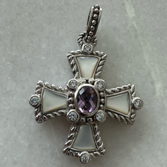 Judith Ripka Sterling Silver Mother Of Pearl & Amethyst Cross Enhancer Pendant - Picture 4 of 11